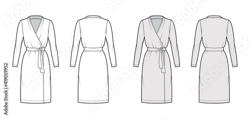 Wrap dress technical fashion illustration with deep V-neck, long sleeves, knee length, pencil cut, tie. Flat apparel template front, back, white, grey color style. Women, men unisex CAD mockup