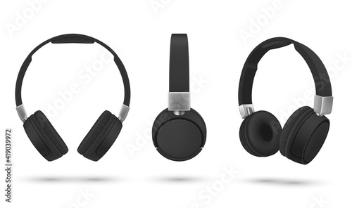 Black realistic headphones gaming headset listening audio electronic device 3d stereo earbuds