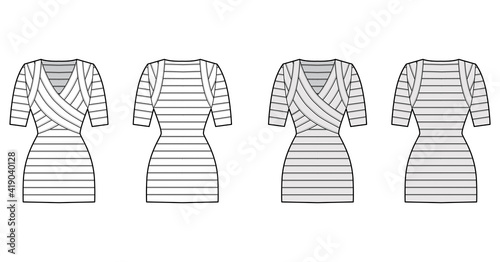 Bandage dress technical fashion illustration with V-neck, short sleeves, fitted body, elasticated, mini length, pencil cut. Flat apparel front, back, white, grey color style. Women, unisex CAD mockup