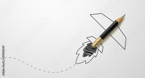 Black colour pencil with outline rocket on white paper background. Creativity inspiration ideas concept