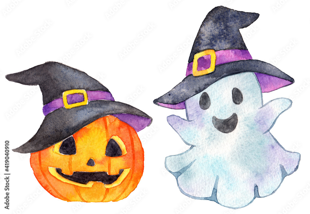 ハロウィンのカボチャとゴースト 魔女の帽子 水彩 ハロウィンのカボチャとゴースト 魔女の帽子 水彩