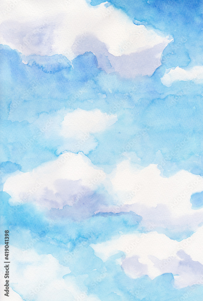 青空と雲の背景　縦　水彩画