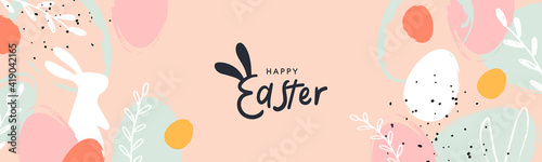Happy Easter banner. Trendy Easter design with typography, hand painted strokes and dots, eggs and bunny in pastel colors. Modern minimal style. Horizontal poster, greeting card, header for website