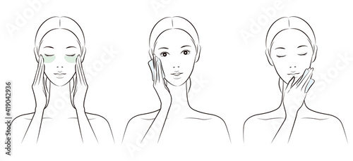 スキンケアをする女性のベクターイラスト