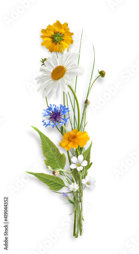 Summer bouquet from chamomiles, daisies and cornflowers isolated on white (without shadows)