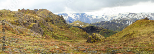 Panorama of mountains in Thorsmoerk, Fimmvoerduhals hiking trail, Iceland