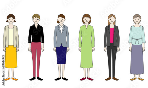 Illustration set of women in various clothes (white background, vector, cut out)