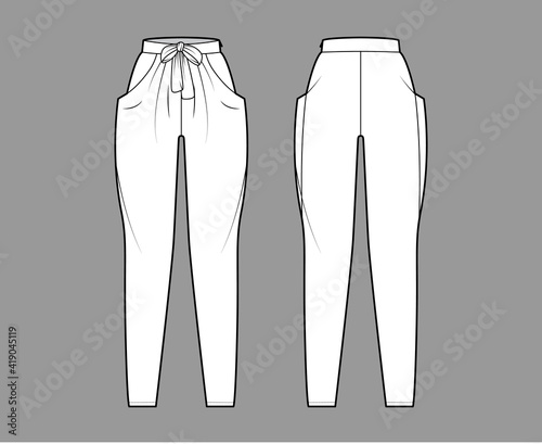 Harem pants technical fashion illustration with bow, normal waist, high rise, slash pockets, draping front, full lengths. Flat bottom apparel template back, white color. Women, men, unisex CAD mockup