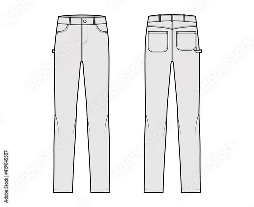 Jeans carpenter Denim pants technical fashion illustration with full length, low waist, rise, 5 pockets, Rivets. Flat bottom apparel template front back grey color style. Women, men, unisex CAD mockup