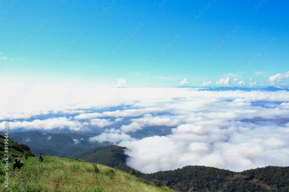 panorama of beautiful sky and 
clouds taken On the mountain , atmosphere was good for start the journey.