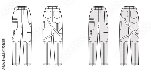 Bondage pants technical fashion illustration with normal waist  high rise  pockets  belt loops  full lengths. Flat bottom apparel template front back  white  grey color. Women  men  unisex CAD mockup