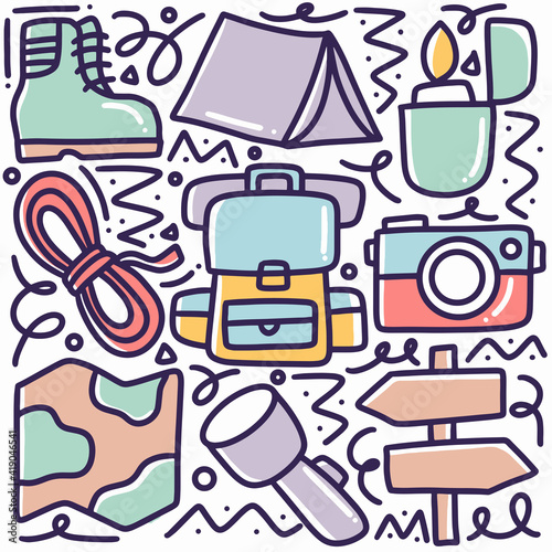 doodle set of camp tools hand drawing