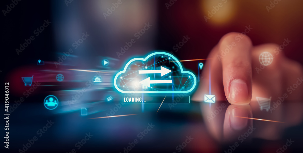 Cloud computing technology concept, Hand touching on screen with upload data on internet storage. Cloud computing technology concept, Hand touching on screen with upload data on internet storage.