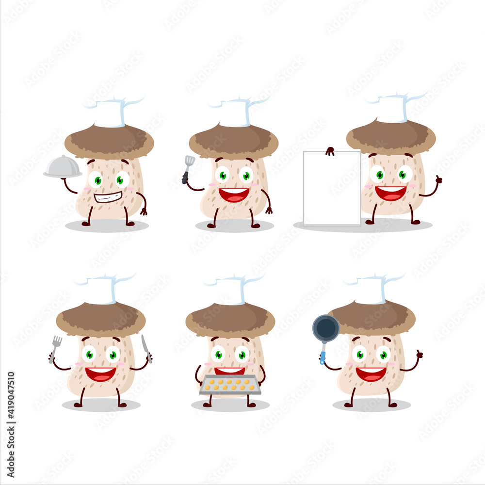 Cartoon character of shiitake mushroom with various chef emoticons