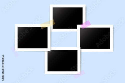 Realistic photo frames on tape. Vector template. Scrapbook design. Realistic vector. Vector image. Stock image. EPS 10.
