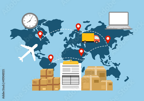 Online business trading with express international shipping concept vector illustration. Computer, airplane, delivery truck, package and document in flat design.	