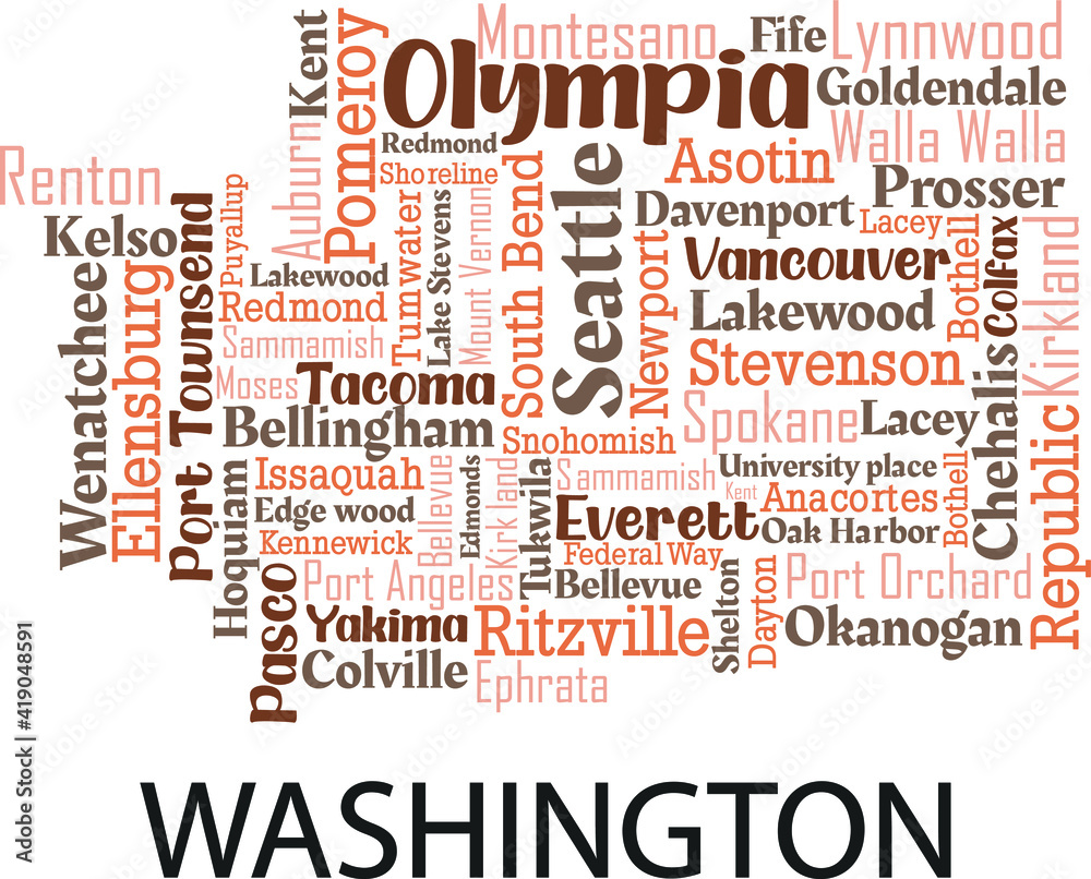 Word cloud map design includes all Counties, Cities, Municipalities in the state of Washington. Four different types of fonts are grouped by different colors so they can be easily edited. Word cloud map design includes all Counties, Cities, Municipalities in the state of Washington. Four different types of fonts are grouped by different colors so they can be easily edited.