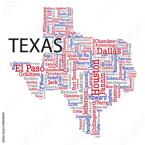 Word cloud map design includes all Counties, Cities, Municipalities in the state of  Texas. Three different types of fonts are grouped by different colors so they can be easily edited.