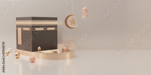 3d rendering mecca pilgrimage kaaba Eid al fitr or ramadan sale banner social media post template flat illustration Premium Image photo