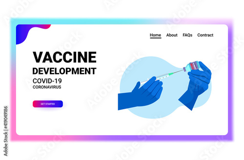 doctor or researcher hands holding syringe and bottle vial prepare for injection vaccine development fight against covid-19 concept horizontal copy space vector illustration