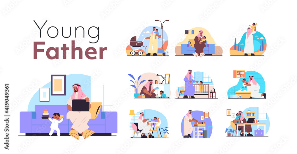 set black muslim arabic father spending time with little baby son fatherhood parenting concept horizontal full length vector illustration