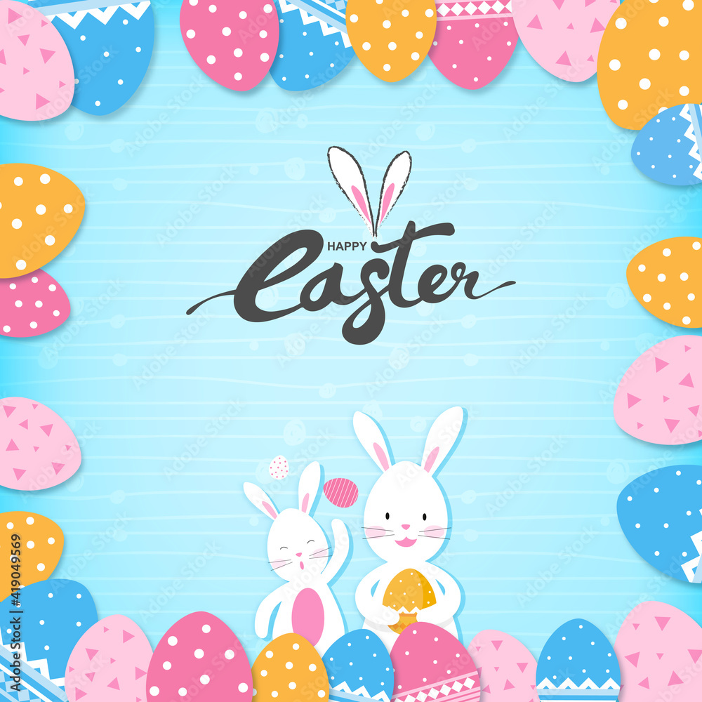Cartoon style cute bunnies and colorful eggs at border for happy Easter concept Cartoon style cute bunnies and colorful eggs at border for happy Easter concept