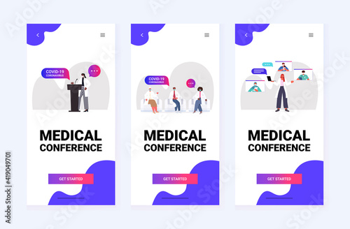 set mix race doctors discussing during during meeting medical conference covid-19 pandemic self isolation medicine healthcare concept horizontal vector illustration