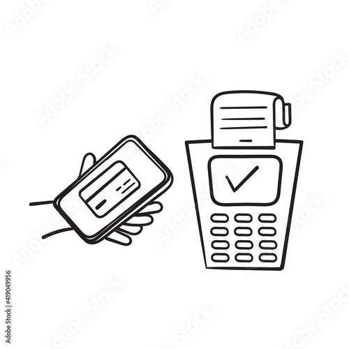 hand drawn Contactless payment. Near field communication payment terminal concept. Online transactions, paypass and NFC. in doodle style