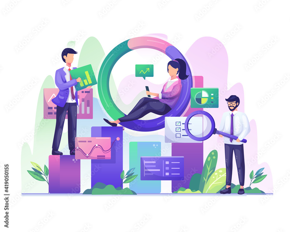 Data Analysis concept with character people works with charts and graphic data visualization vector illustration