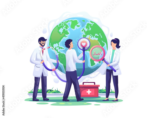Doctors check the health world globe with a stethoscope in the order of world health day