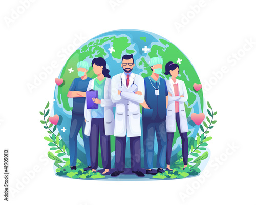 World Health Day illustration concept with a Group of staff medical doctors and nurses standing in front of the world globe