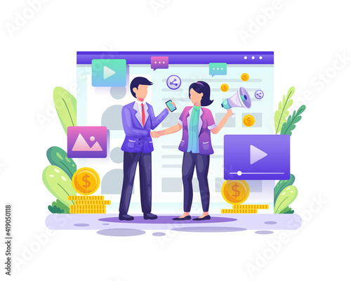 Referral marketing, affiliate marketing, a business partnership with two business people agree on the referral program vector illustration
