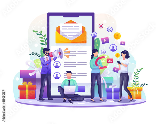 Referral and affiliate partnership program with businessman Referring people using a smartphone. Marketing strategy concept vector illustration