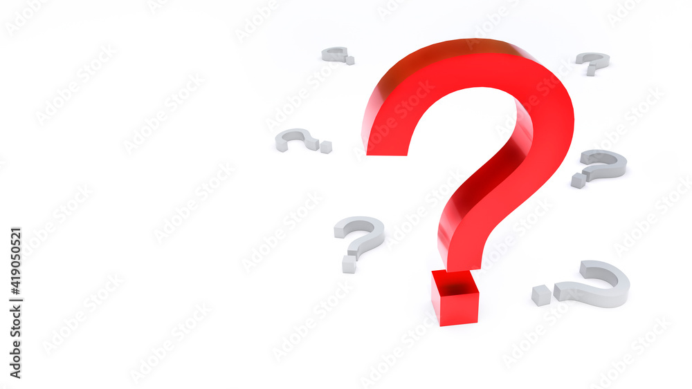 Bright red question mark rises above the gray characters on a light background with room for text or a logo. 3D rendering Bright red question mark rises above the gray characters on a light background with room for text or a logo. 3D rendering