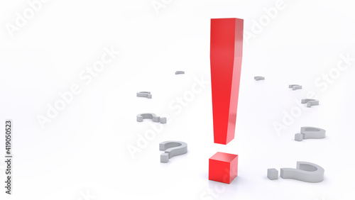 Bright red exclamation mark rises above gray question mark symbols on a light background with room for text or a logo. 3D rendering
