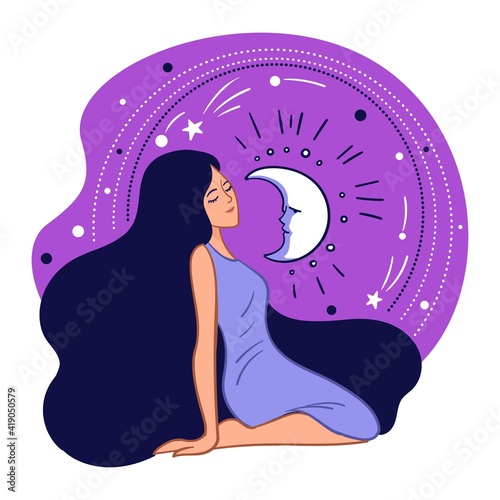 Calm and relaxed woman with moon and moonshine
