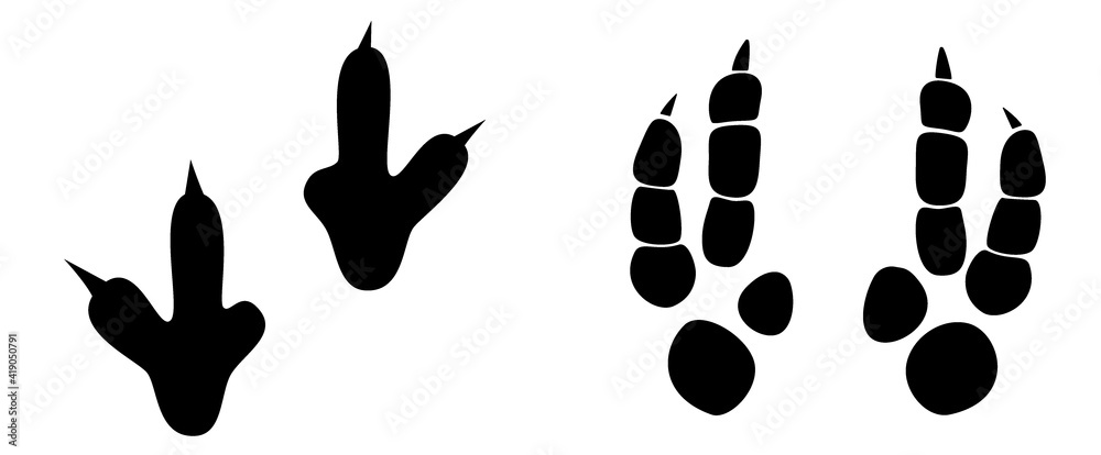 Fototapeta premium Dinosaur footprint tracks vector set illustration. Background with paw, claw predator. Dinosaur footprint illustration perfect for textile, wrap and wallpaper and design.
