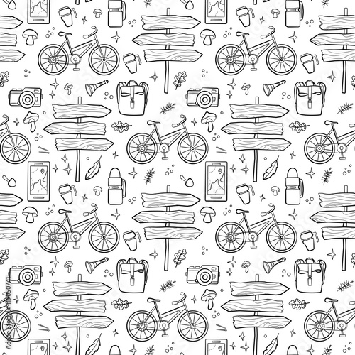 Hiking and camping seamless pattern with travel elements. Seamless pattern for design, posters, backgrounds Hiking, travel and camping theme. Byke, sing, campfire, map, camera, binoculars in line