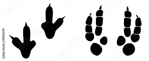 Dinosaur footprint tracks vector set illustration. Background with paw, claw predator. Dinosaur footprint illustration perfect for textile, wrap and wallpaper and design.