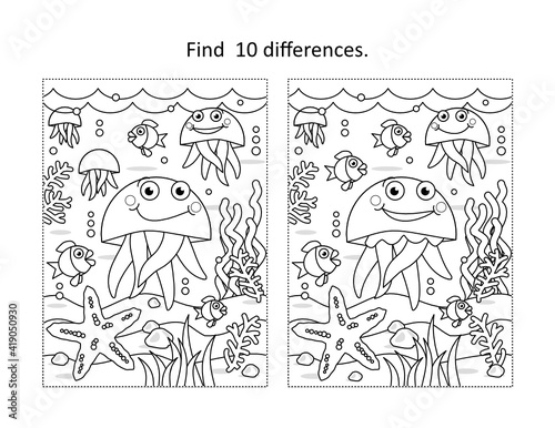 Find 10 differences underwater life scene wiith jellyfish
