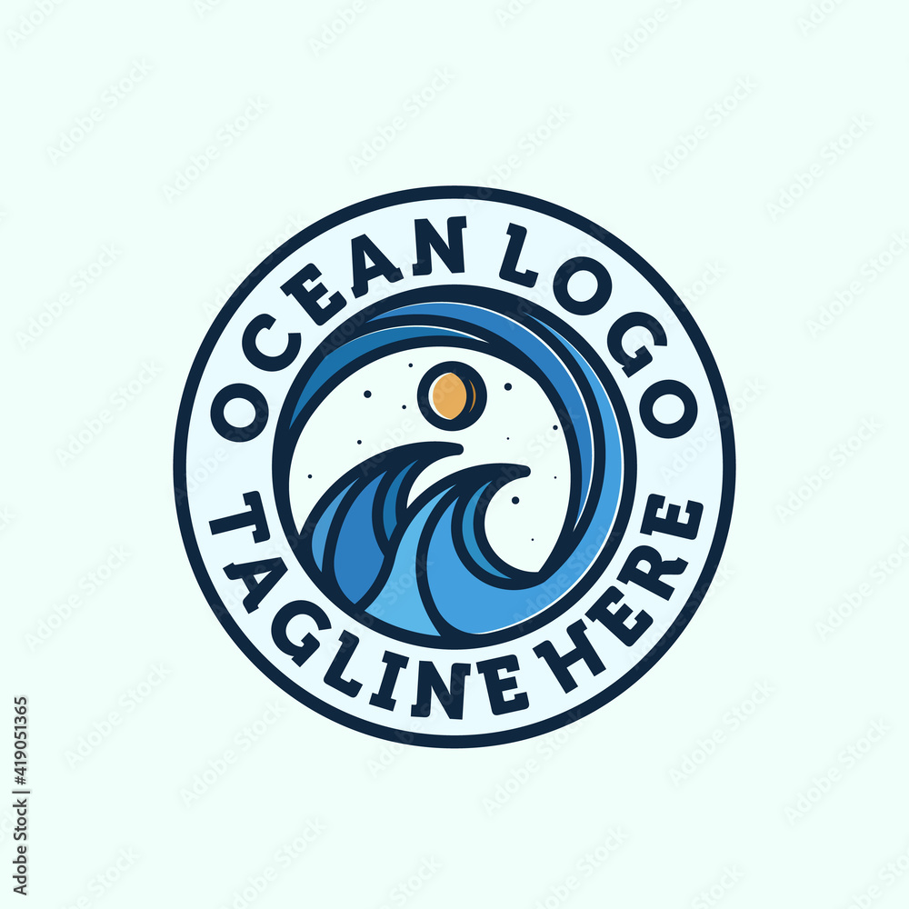 Ocean Wave Logo Design. Exclusive Logo, Symbol or Icon of Ocean. Creative and Minimalist Wave Logo Template. Modern Line Art Ocean, Water or Wave Logo Design. Sun and Sea Logo Concept Inspiration