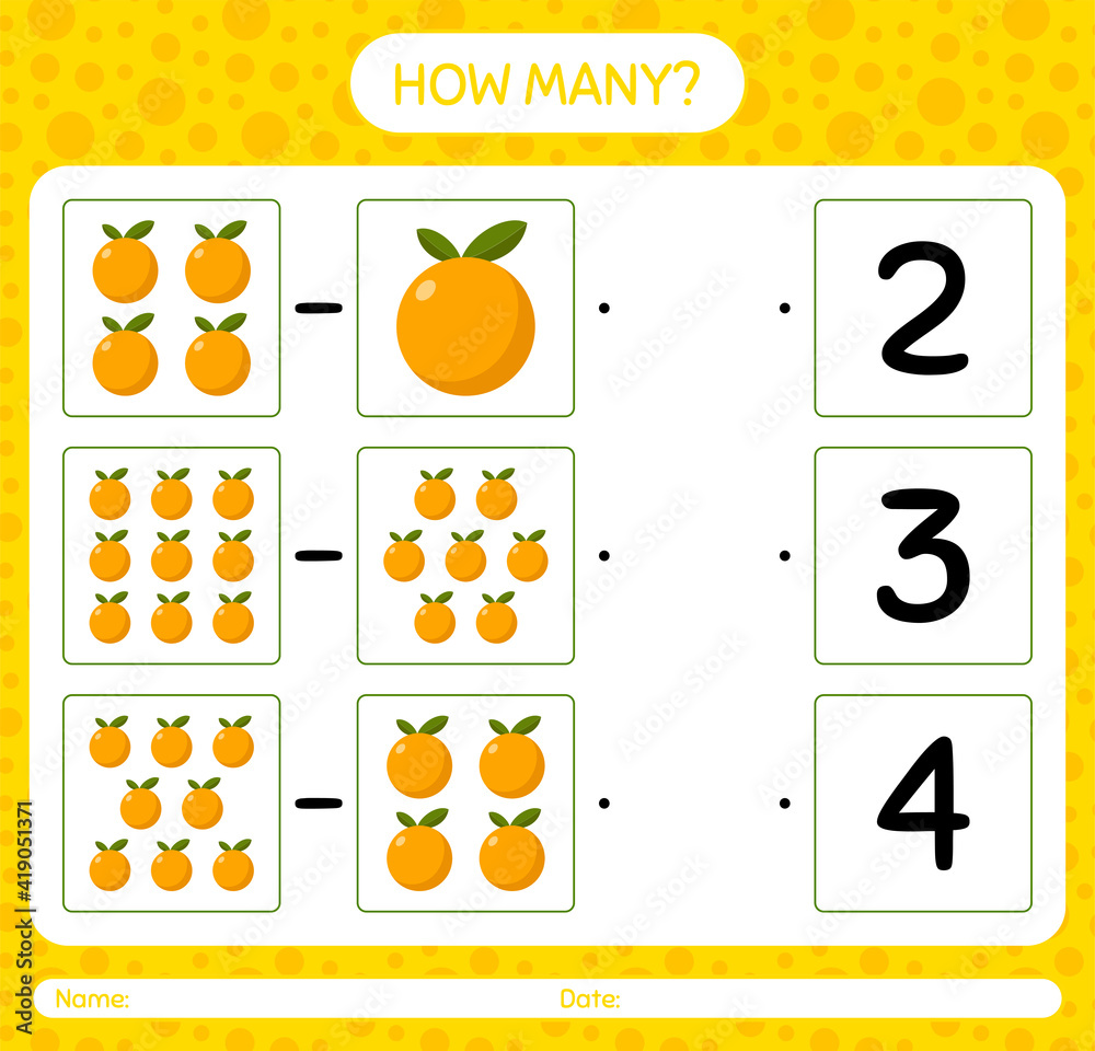 How many counting game with orange worksheet for preschool kids, kids activity sheet, printable worksheet How many counting game with orange worksheet for preschool kids, kids activity sheet, printable worksheet