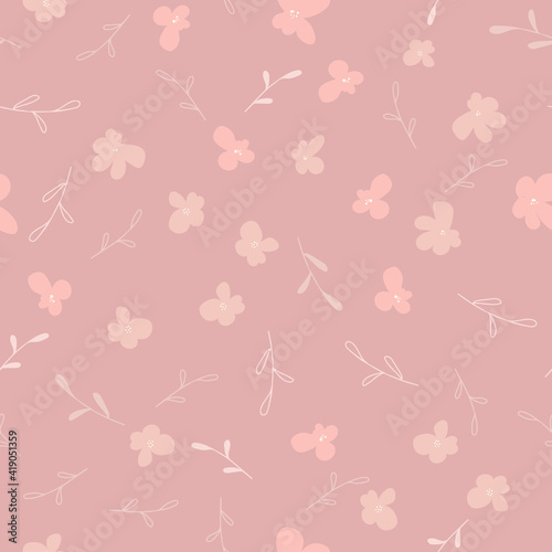 Seamless floral pattern. Endless repetition in a hand-drawn style. Botanical design for textiles, natural fabrics, packaging, wallpaper or decor. Pink shades of color. Vector