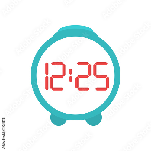 Digital around clock. A home clock with an alarm clock and a large green button. Flat vector illustration