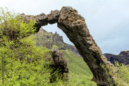 Fragile rock arch in Thorsmork, the highlands of Iceland