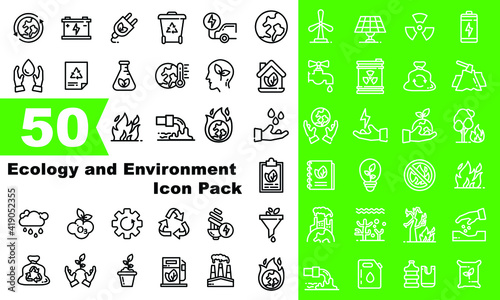 
50 Vector Illustration Ecology and Environment Icon Pack campaigns to increase ecological awareness, industrial waste, pollute factories, electric cars