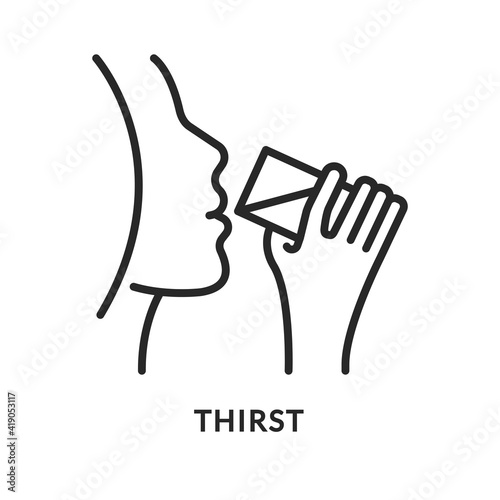 Thirst flat line icon. Vector illustration of a girl who drinks water from a glass. Diabetes symptom.