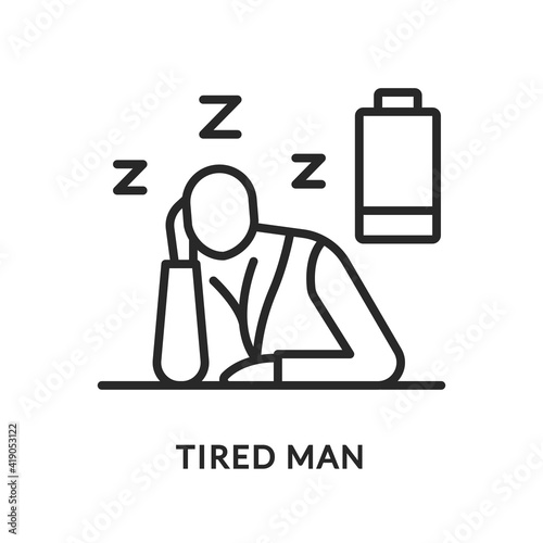 Tired flat line icon. Vector illustration of a tired man. The energy has run out. He wants to sleep. Diabetes symptom.