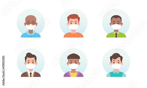 Coronavirus covid 19 prevention people male character avatar wearing white medical face mask new normal global pandemic situation flat vector illustration