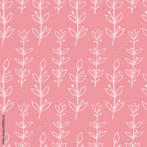 Vector pink small floral blooming branch with texture seamless pattern background. Great use for fabric, wallpaper, giftwrap, wrapping paper, kids clothing and many more.